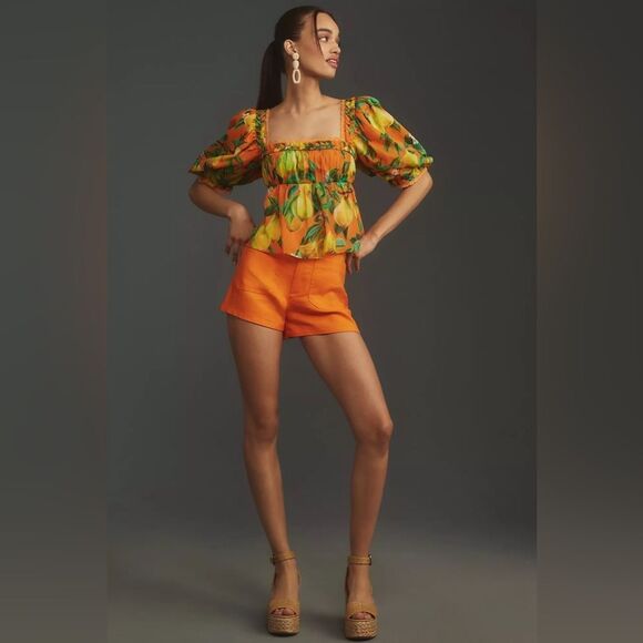 Farm Rio x Anthropologie Orange Chic Pears Short-Sleeve Blouse Size Medium - Picture 3 of 3